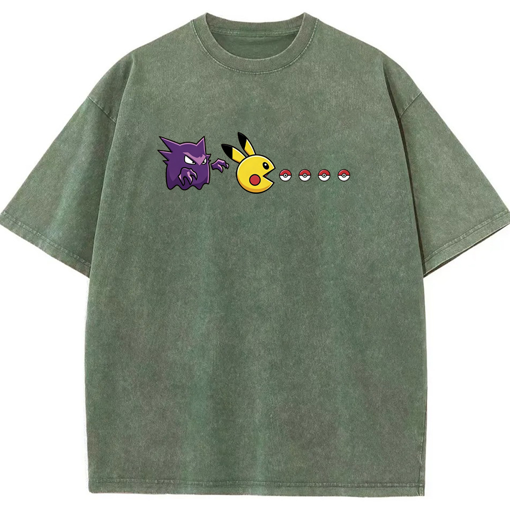 Gengar Hunting Pikachu Pokeball Trail Graphic Cartoon Tee | Pokemon Anime