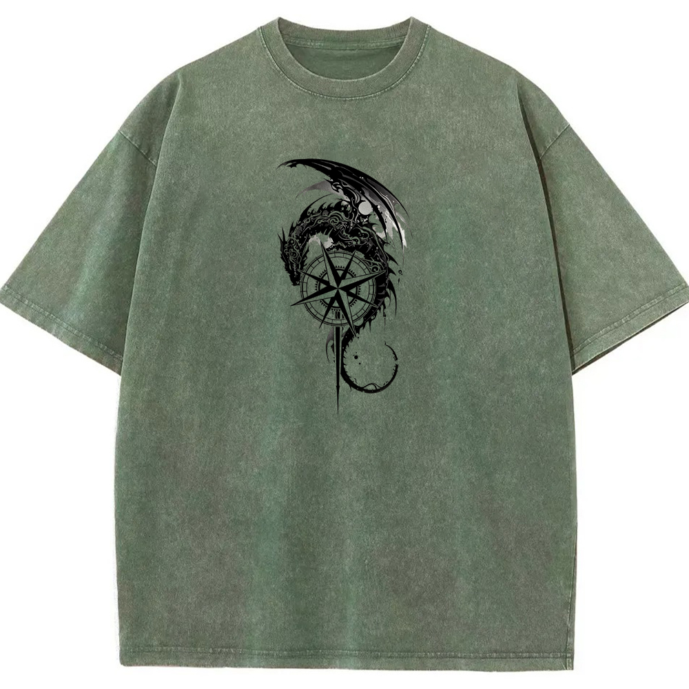 Fantasy Adventure Dragon Knight Compass Sword Monochrome Art Cartoon Tee