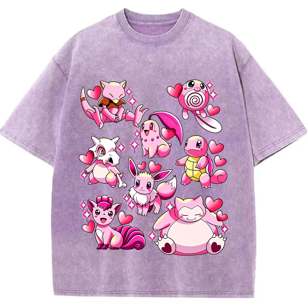 Pink Hearts Mixed Pokemon Cartoon Tee | Pokemon Anime