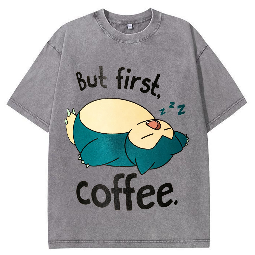 Lazy Snorlax Coffee Cartoon Tee | Pokemon Anime