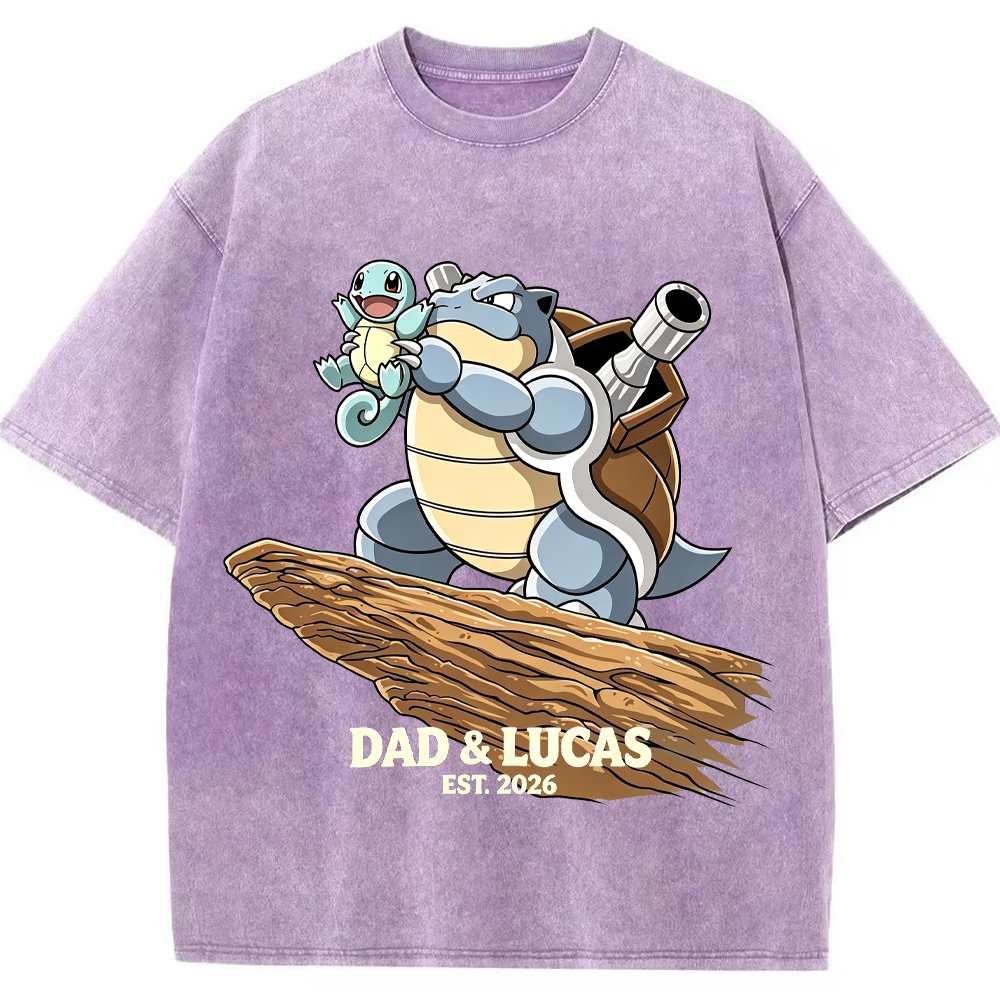 Parent & Kid Hold Up Squirtle Family Art Vintage Washed T-Shirt