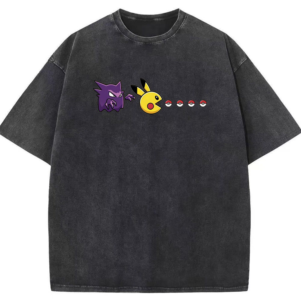 Gengar Hunting Pikachu Pokeball Trail Graphic Cartoon Tee | Pokemon Anime