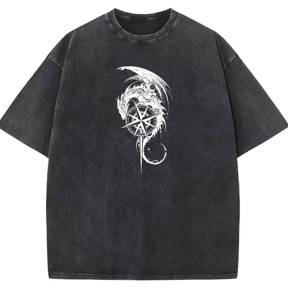 Fantasy Adventure Dragon Knight Compass Sword Monochrome Art Cartoon Tee