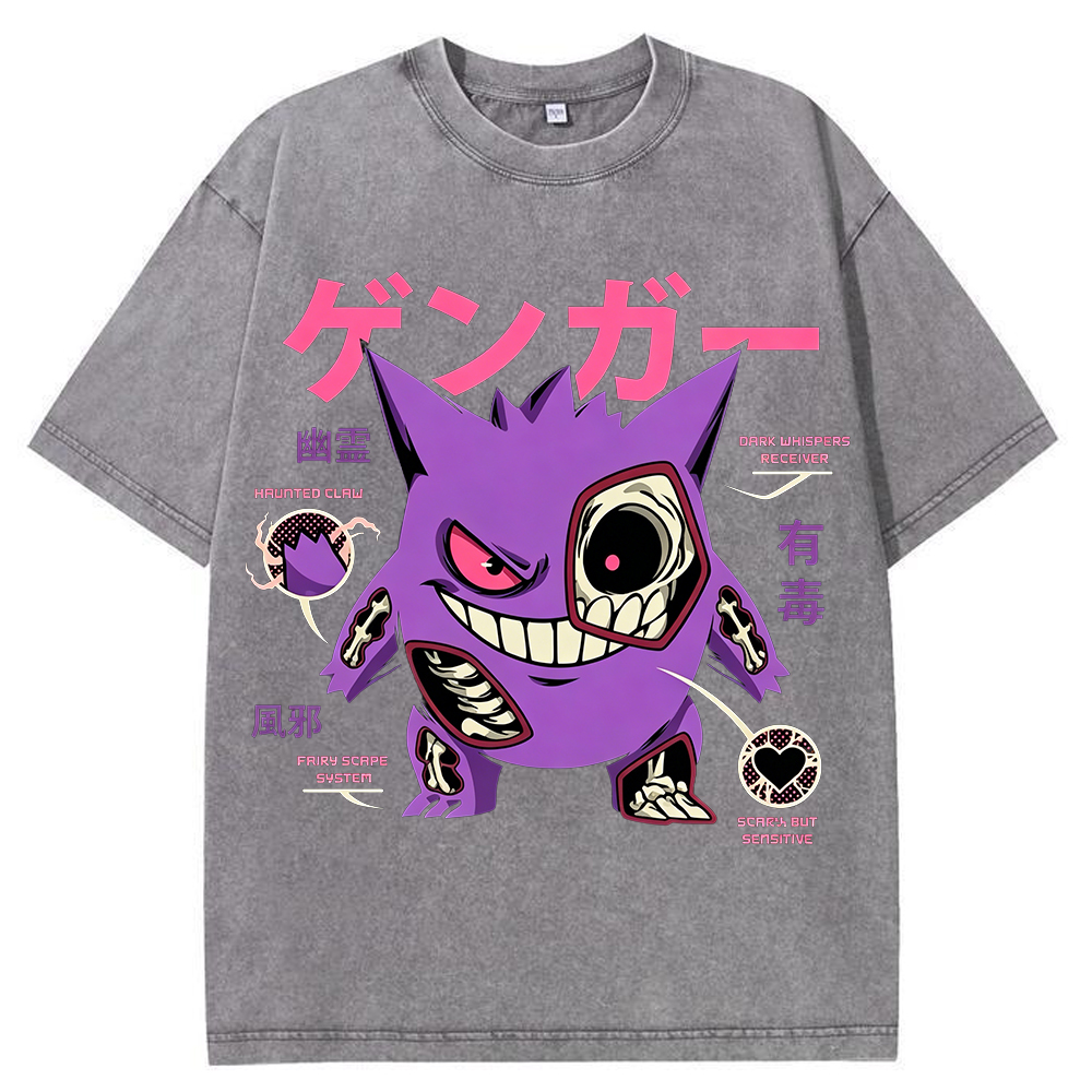 Vintage Washed Blue Skeleton Gengar Japanese Graphic Tee