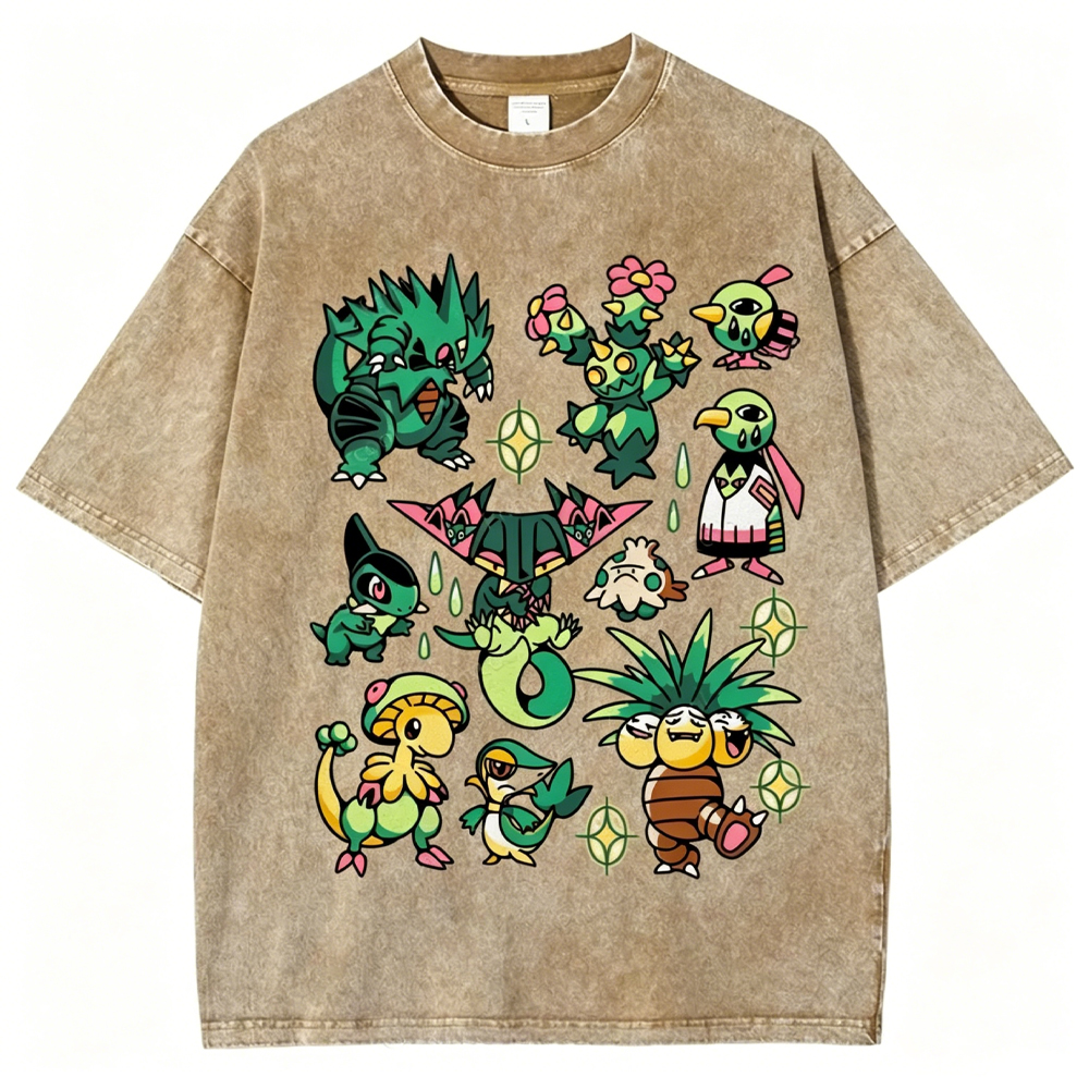 Green Grass Dragon & Tropical Pokemon Unisex Vintage Washed Tee
