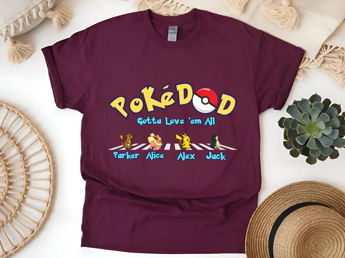 Custom Poke Dad Shirt, Personalized Kids Names, Father's Day Gift Tee