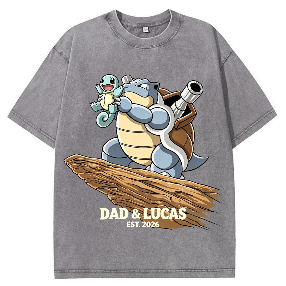 Parent & Kid Hold Up Squirtle Family Art Vintage Washed T-Shirt