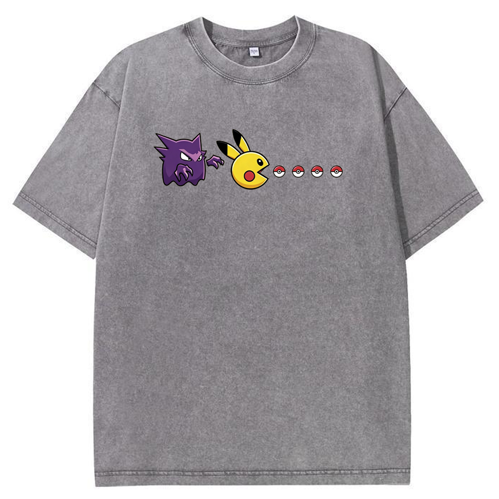 Gengar Hunting Pikachu Pokeball Trail Graphic Cartoon Tee | Pokemon Anime