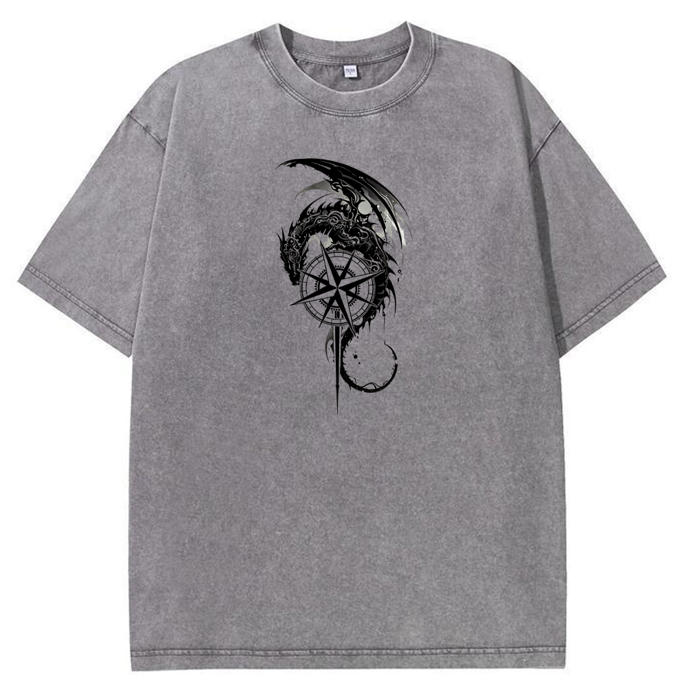 Fantasy Adventure Dragon Knight Compass Sword Monochrome Art Cartoon Tee