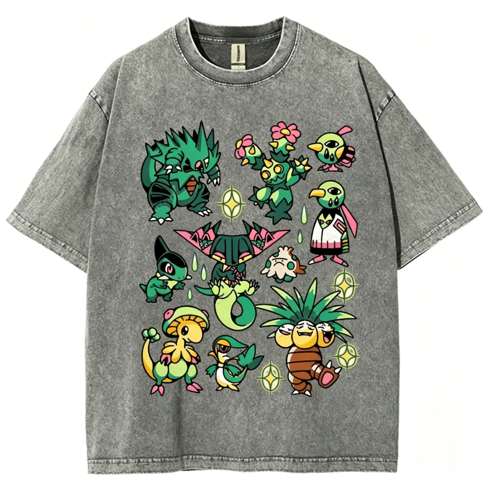 Green Grass Dragon & Tropical Pokemon Unisex Vintage Washed Tee