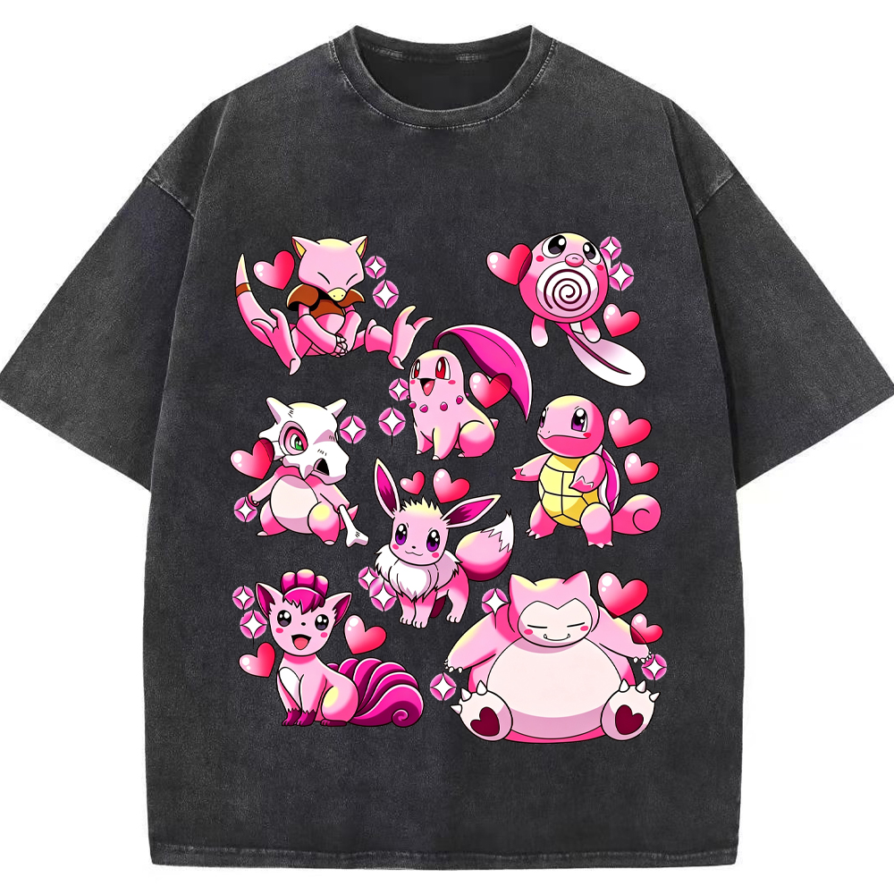 Pink Hearts Mixed Pokemon Cartoon Tee | Pokemon Anime