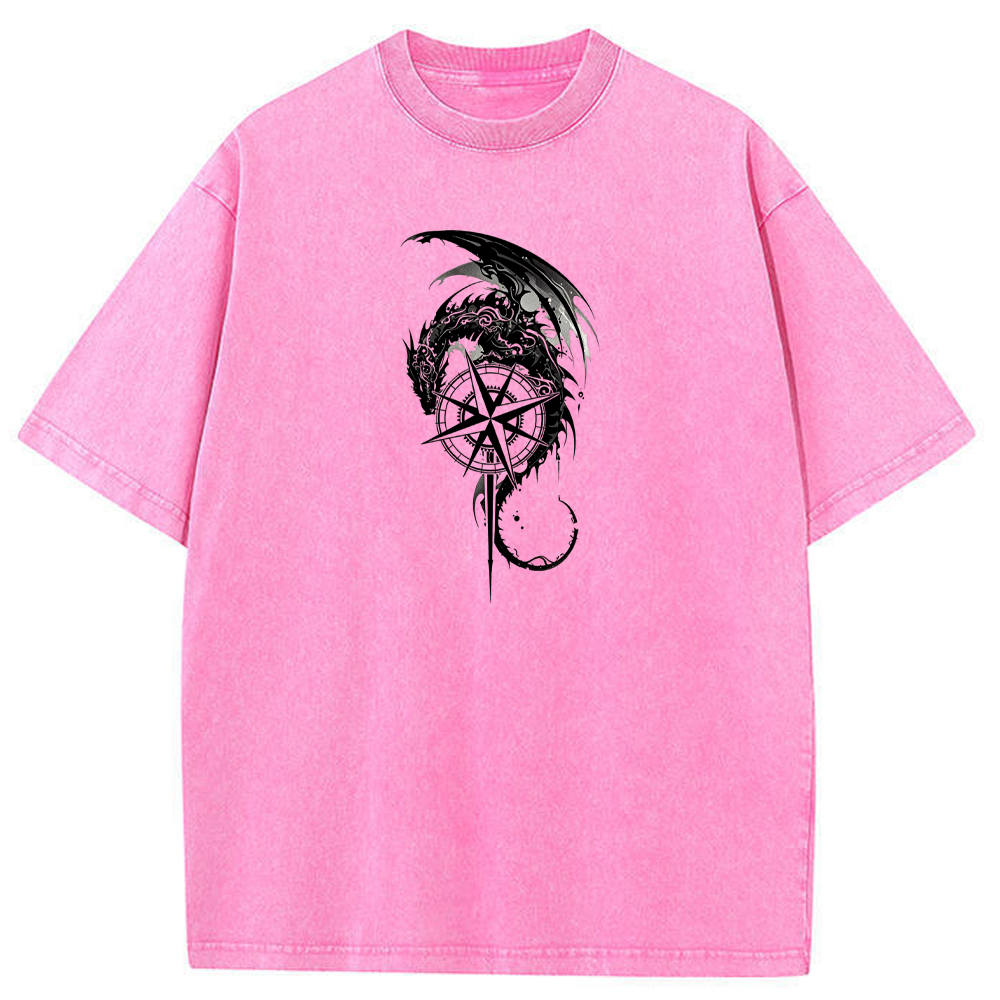 Fantasy Adventure Dragon Knight Compass Sword Monochrome Art Cartoon Tee