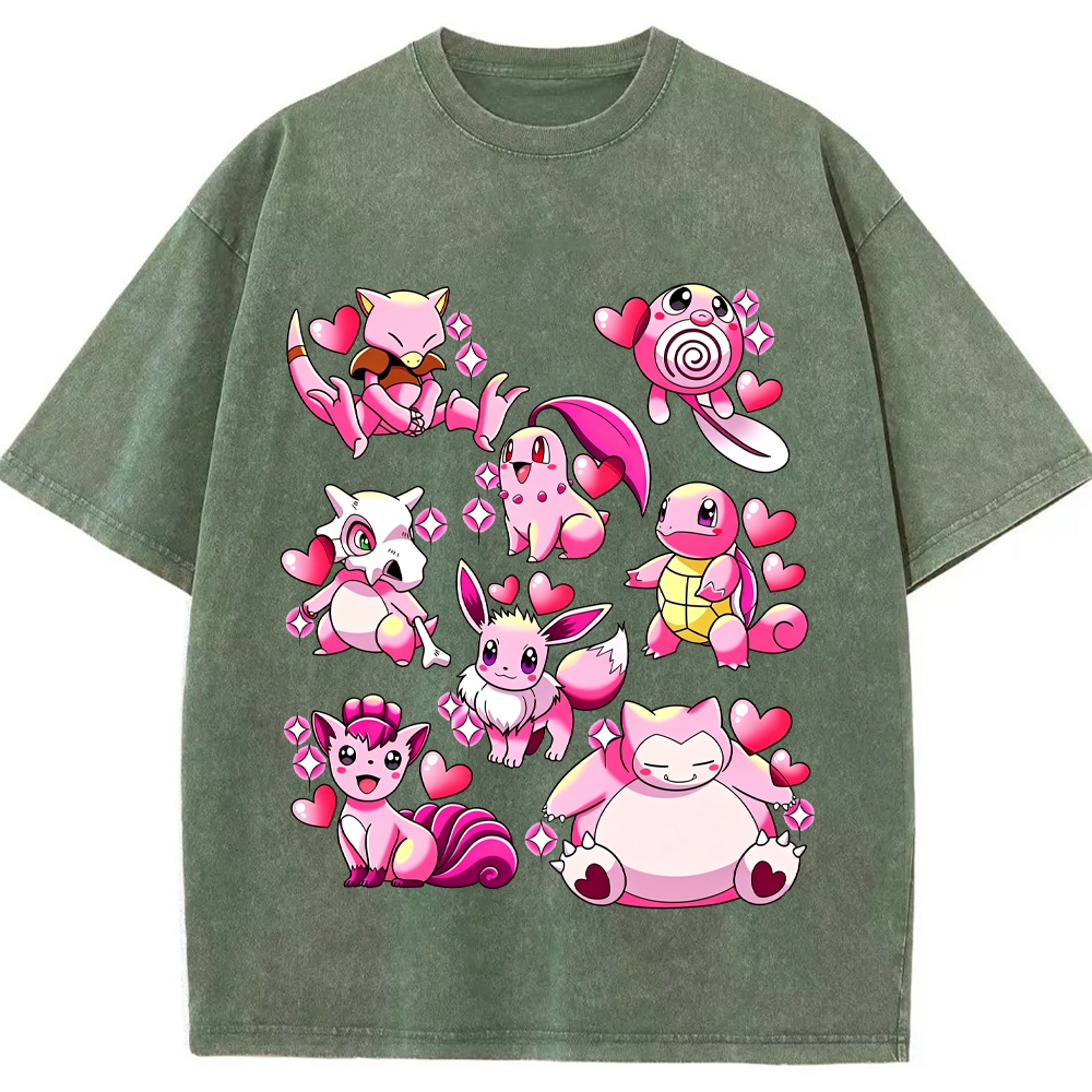 Pink Hearts Mixed Pokemon Cartoon Tee | Pokemon Anime