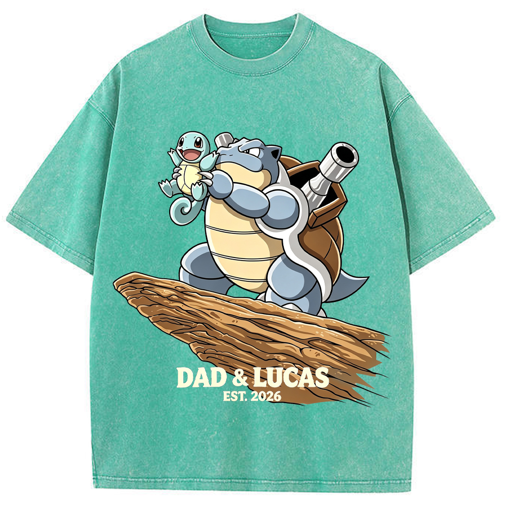 Parent & Kid Hold Up Squirtle Family Art Vintage Washed T-Shirt