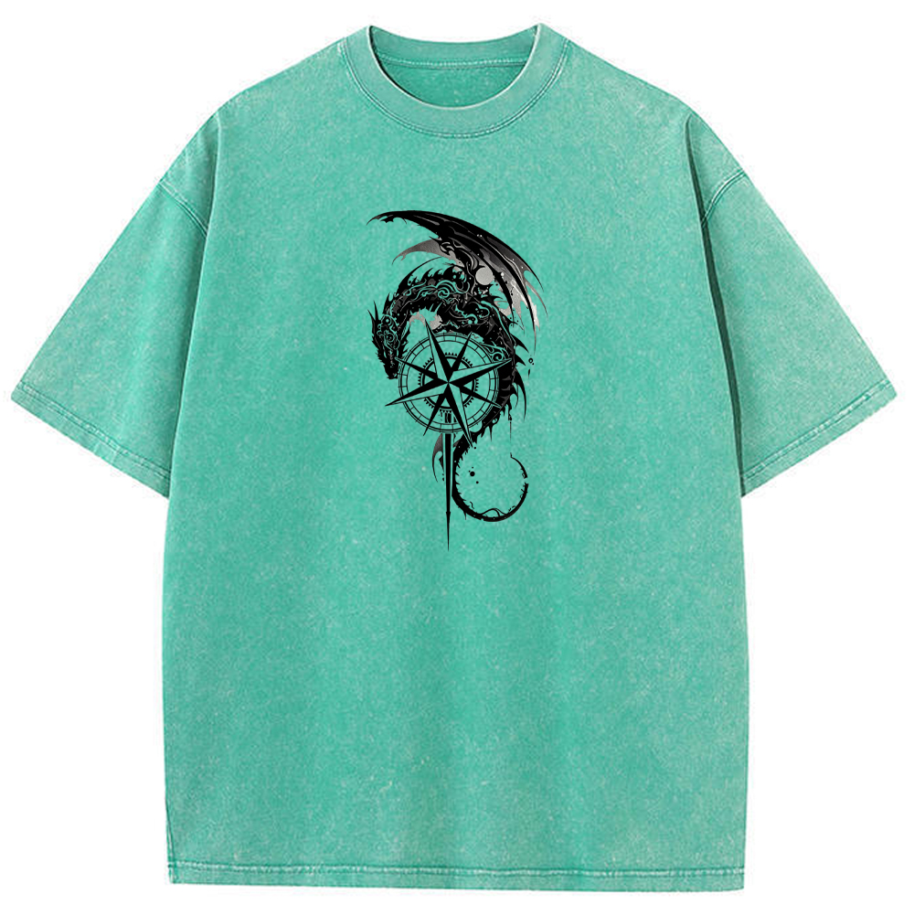 Fantasy Adventure Dragon Knight Compass Sword Monochrome Art Cartoon Tee