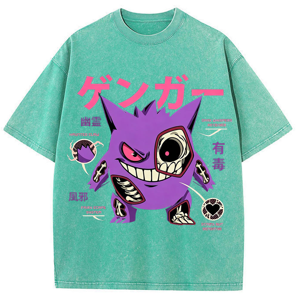 Vintage Washed Blue Skeleton Gengar Japanese Graphic Tee