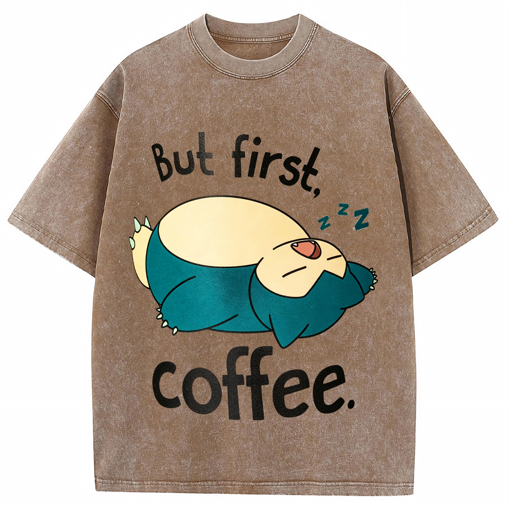 Lazy Snorlax Coffee Cartoon Tee | Pokemon Anime