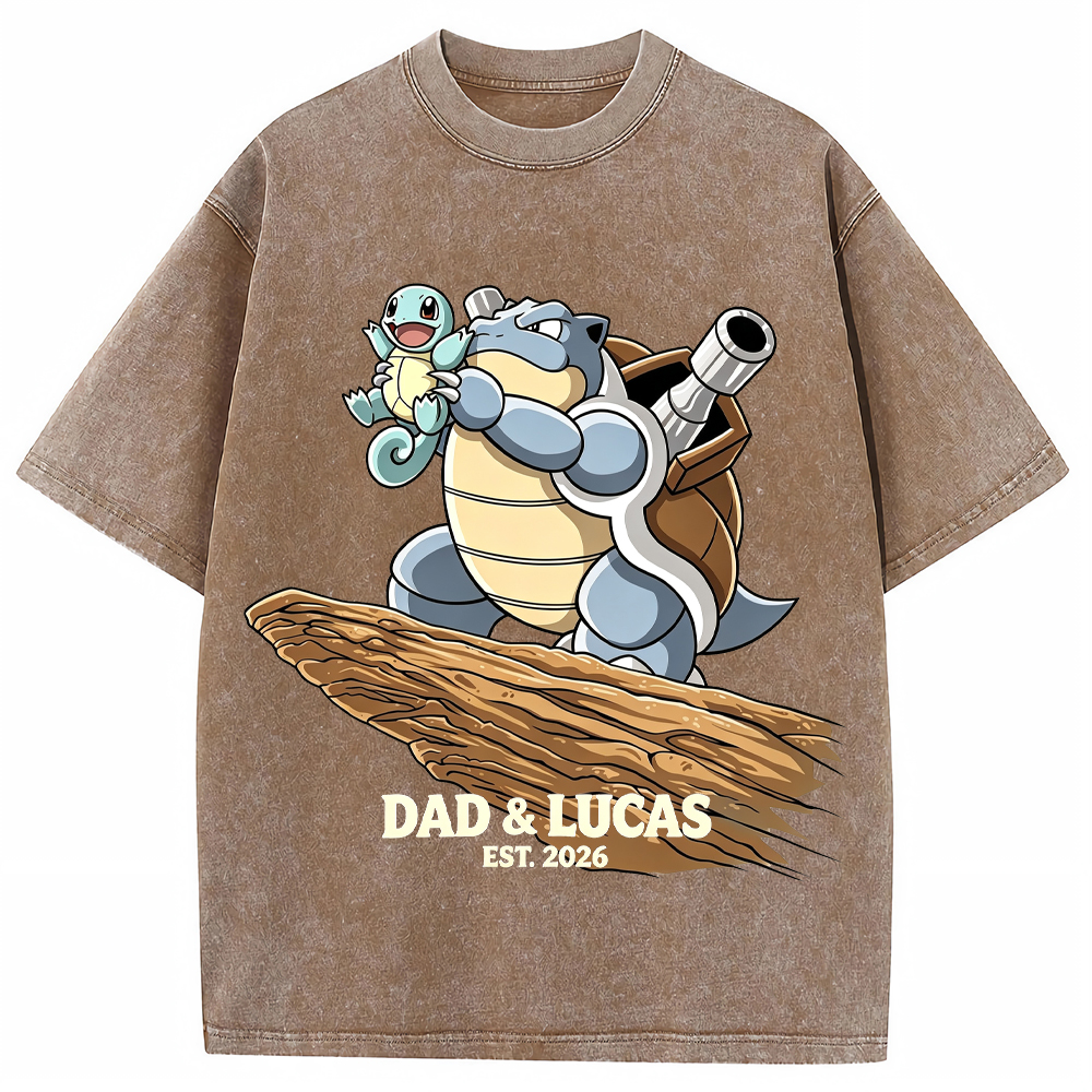 Parent & Kid Hold Up Squirtle Family Art Vintage Washed T-Shirt