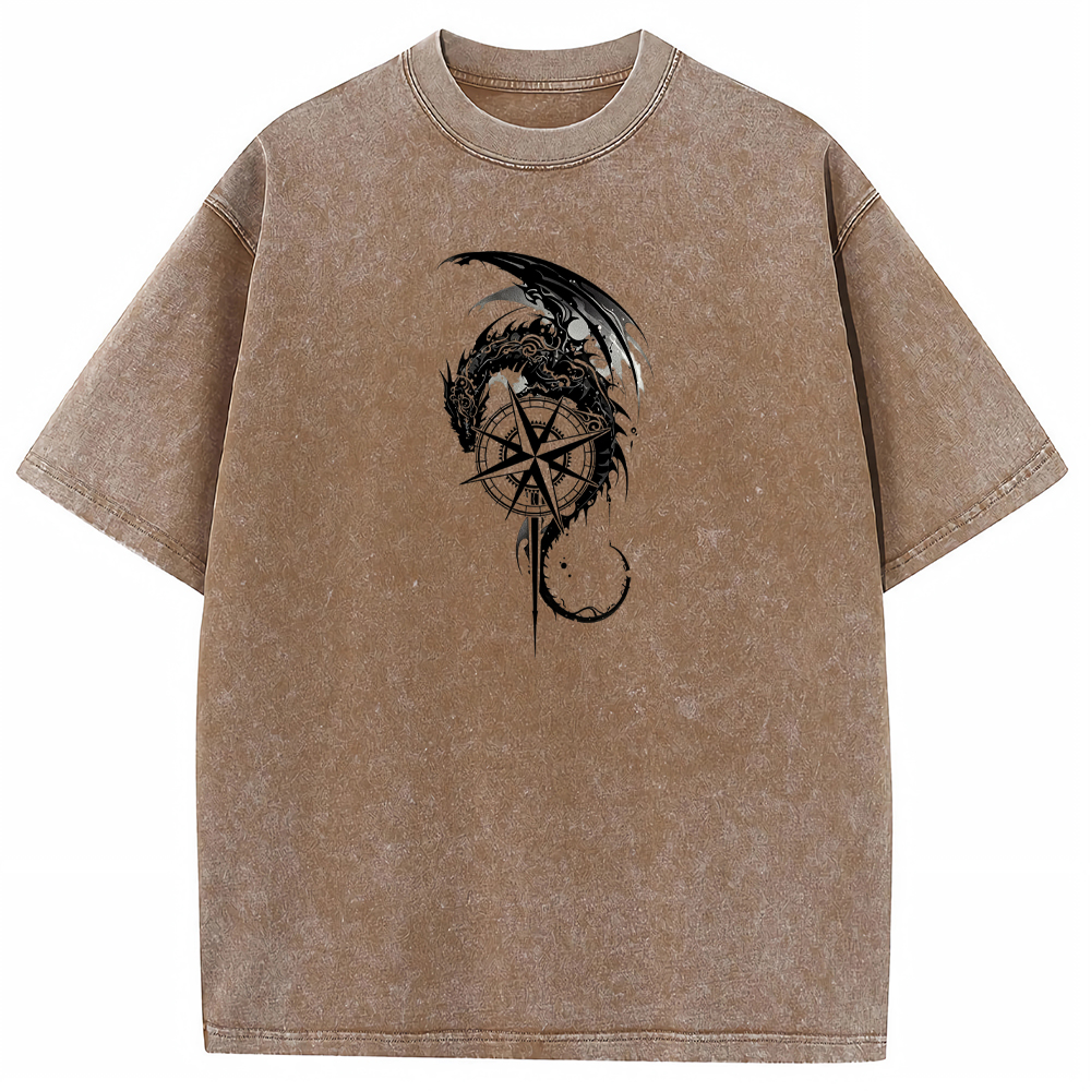 Fantasy Adventure Dragon Knight Compass Sword Monochrome Art Cartoon Tee