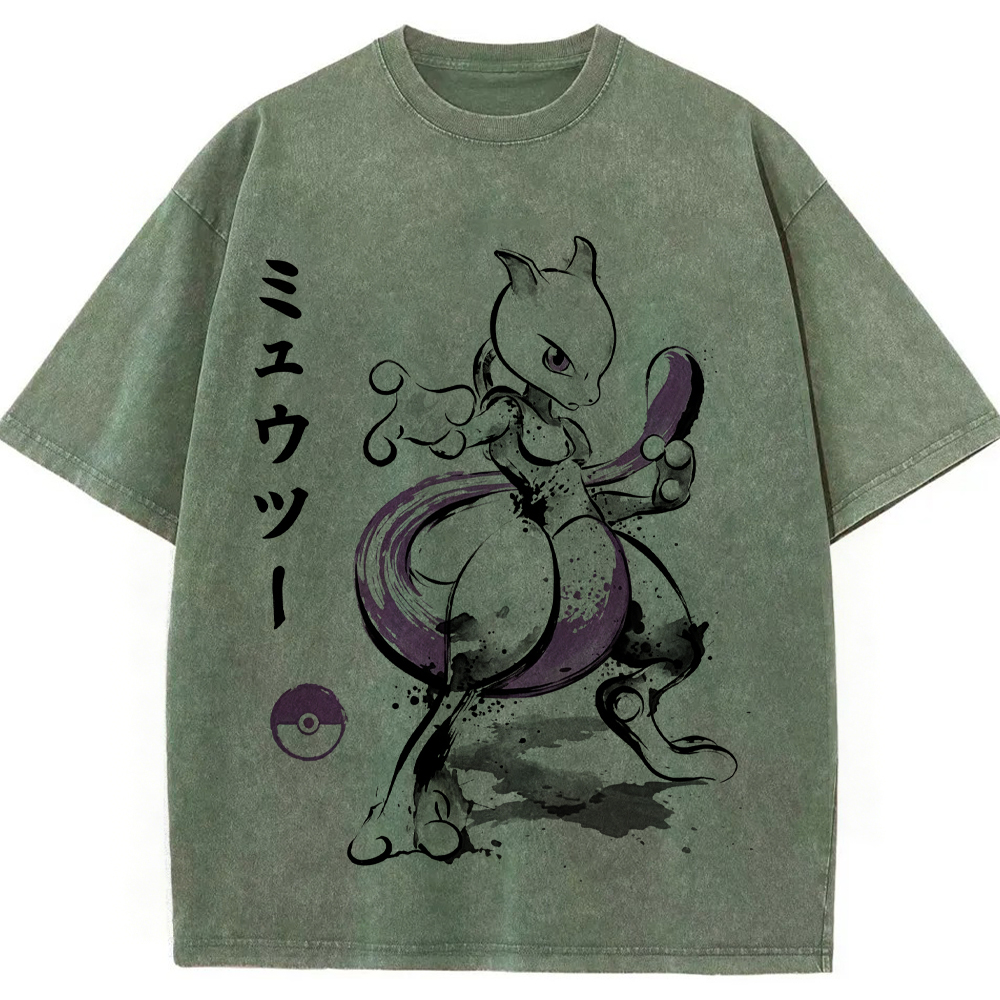 Sumie Mewtwo Kanji Wash Vintage Tee | Pokemon Anime