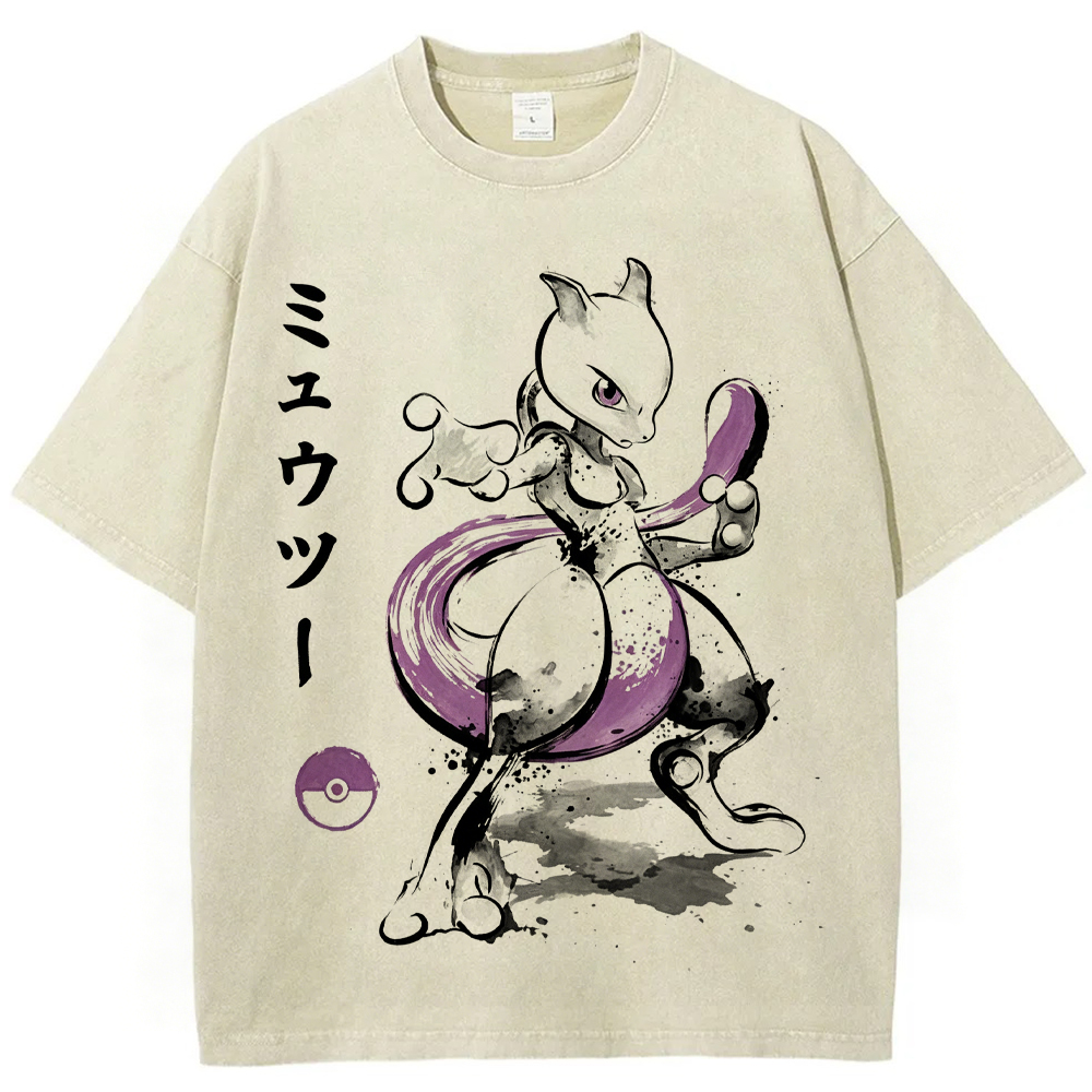 Sumie Mewtwo Kanji Wash Vintage Tee | Pokemon Anime