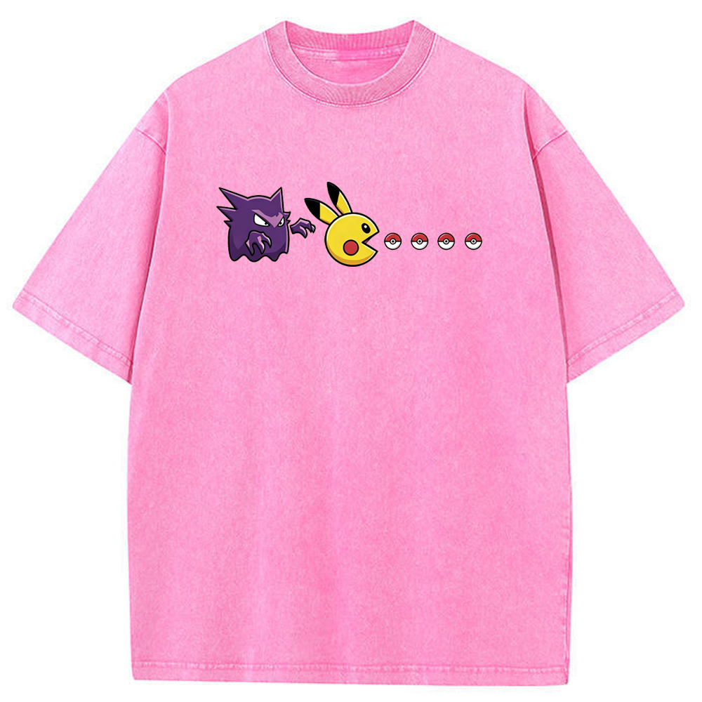 Gengar Hunting Pikachu Pokeball Trail Graphic Cartoon Tee | Pokemon Anime