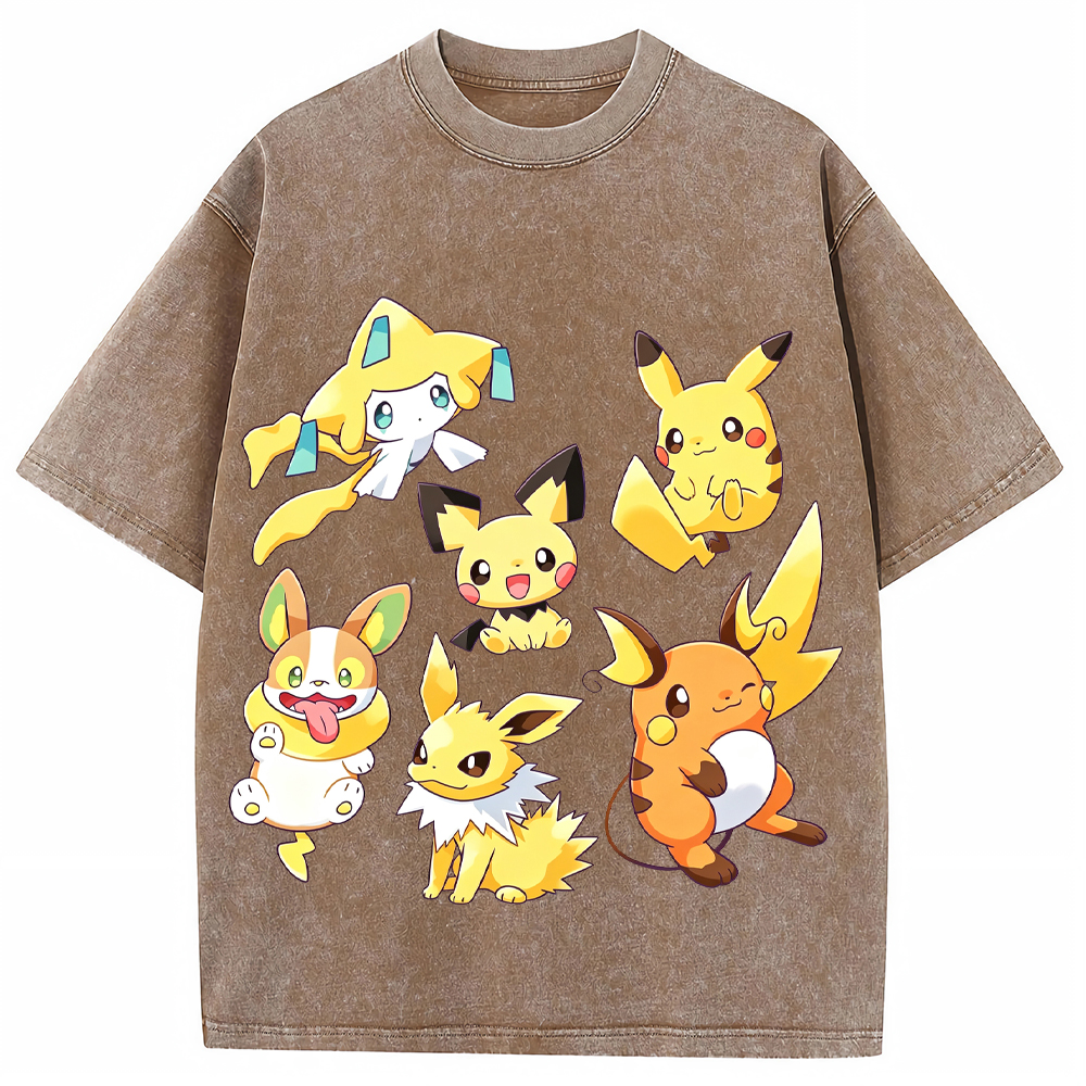 Yellow Tone Electric Pokemon Crew Cartoon Tee | Pokemon Anime