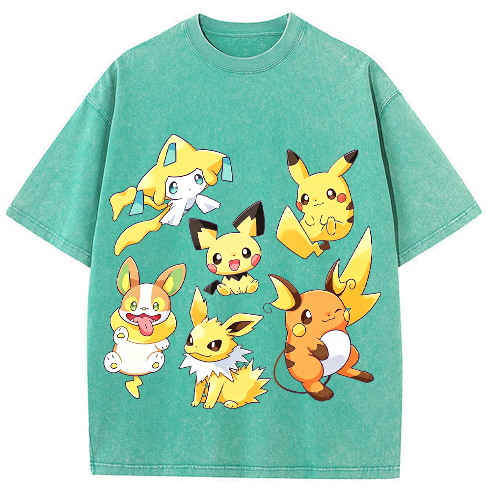 Yellow Tone Electric Pokemon Crew Cartoon Tee | Pokemon Anime