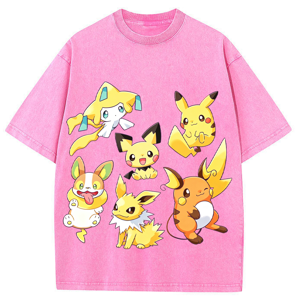 Yellow Tone Electric Pokemon Crew Cartoon Tee | Pokemon Anime