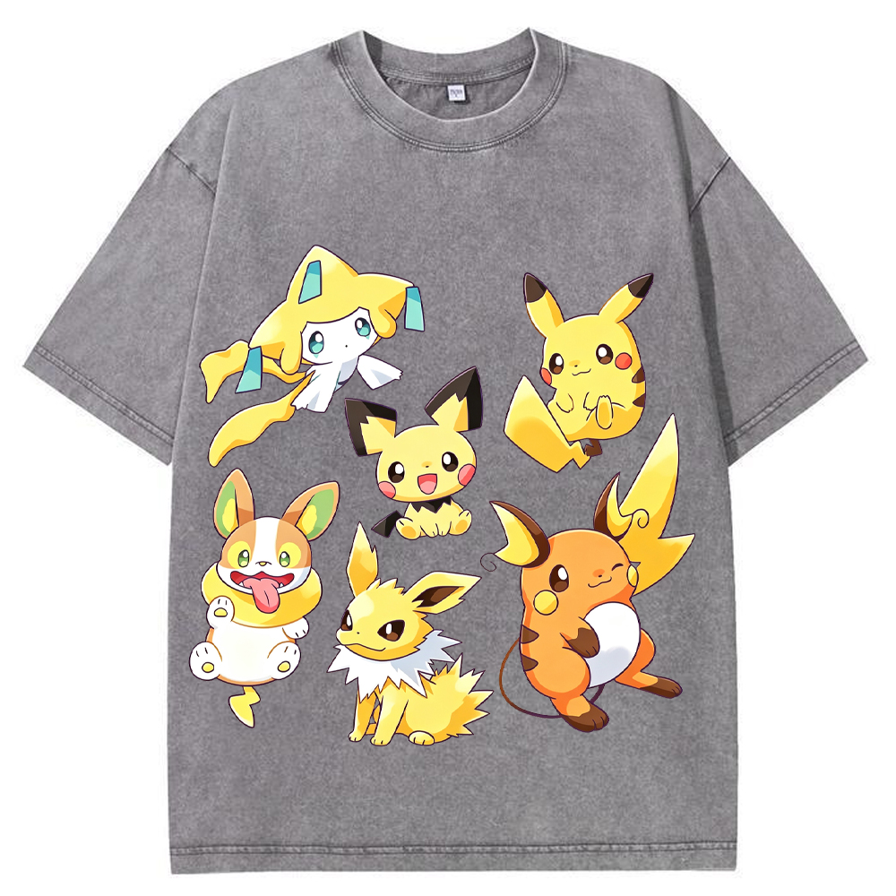 Yellow Tone Electric Pokemon Crew Cartoon Tee | Pokemon Anime