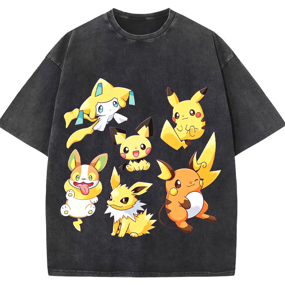 Yellow Tone Electric Pokemon Crew Cartoon Tee | Pokemon Anime