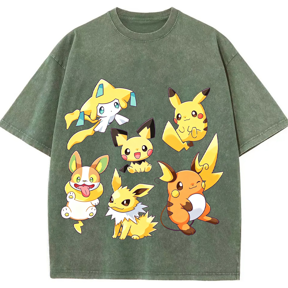 Yellow Tone Electric Pokemon Crew Cartoon Tee | Pokemon Anime