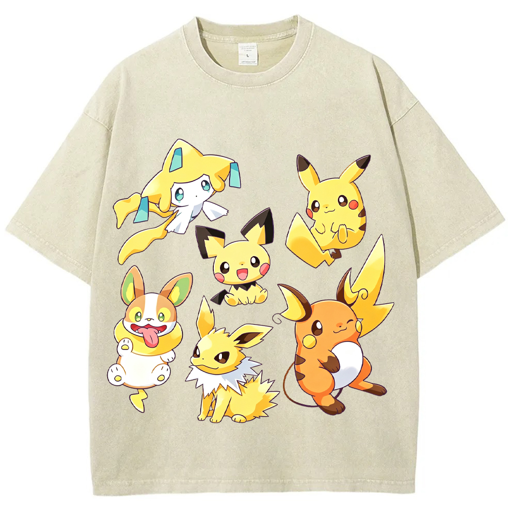 Yellow Tone Electric Pokemon Crew Cartoon Tee | Pokemon Anime