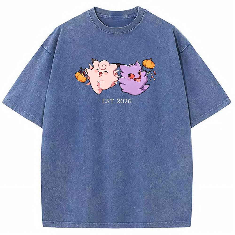 Cute Couple Tone Clefairy Gengar Halloween Pumpkin Vintage Washed T-Shirt