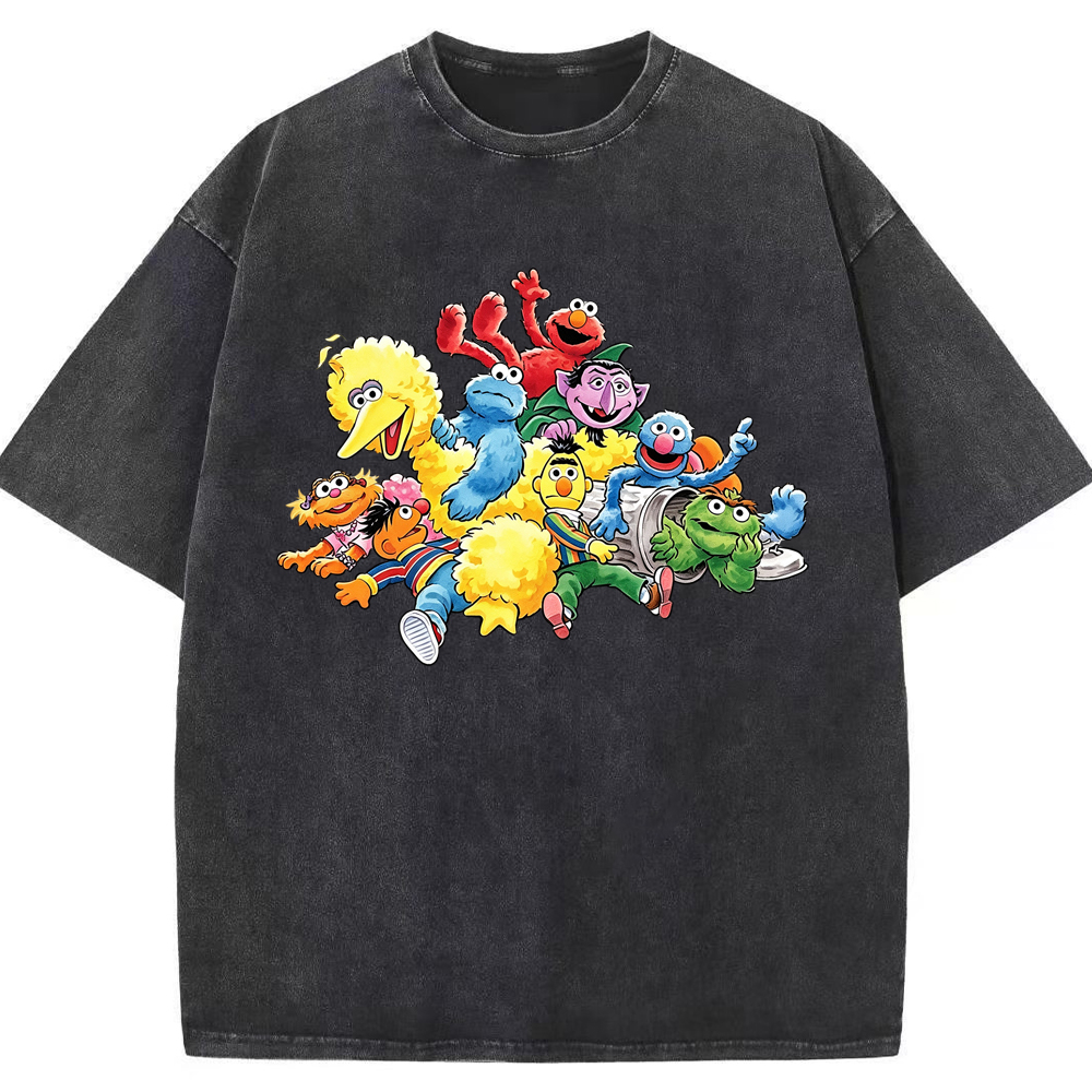 Happy Gathering Sesame Street Full Cast Colorful Group Collage Cartoon Tee