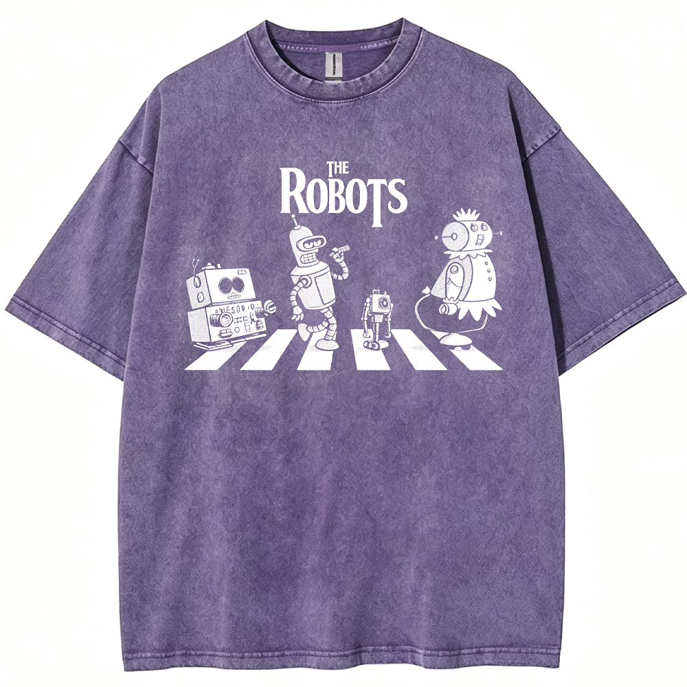 Sci‑Fi Parody Vintage Robots Abbey Road Crosswalk Parody Robot Crew Cartoon Tee