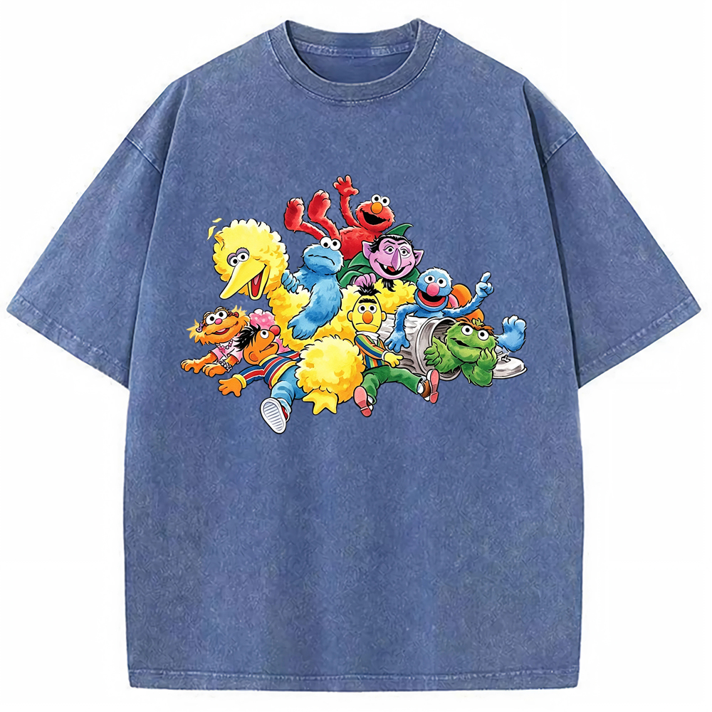 Happy Gathering Sesame Street Full Cast Colorful Group Collage Cartoon Tee