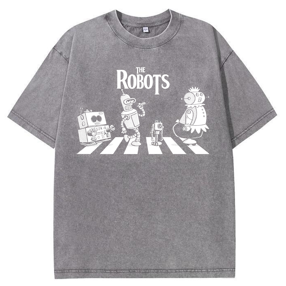 Sci‑Fi Parody Vintage Robots Abbey Road Crosswalk Parody Robot Crew Cartoon Tee