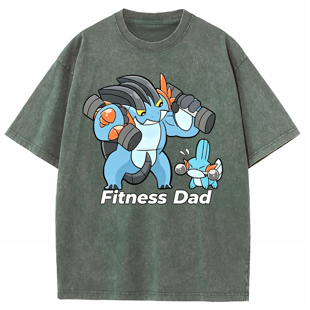 Fitness Dad Marshtomp Mudkip Gym Cartoon Vintage Washed T-Shirt