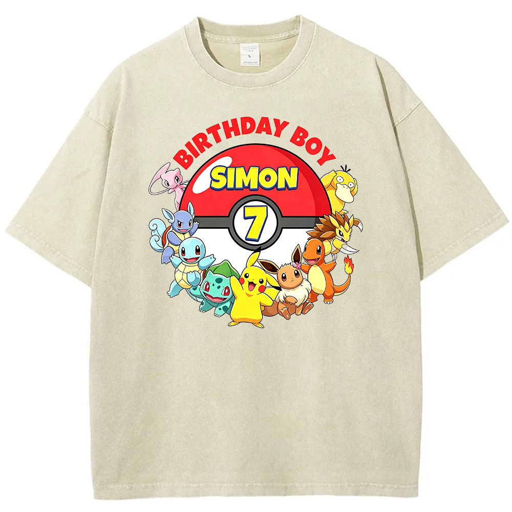 Custom Name Pokemon Birthday Boy Vintage Wash Tee