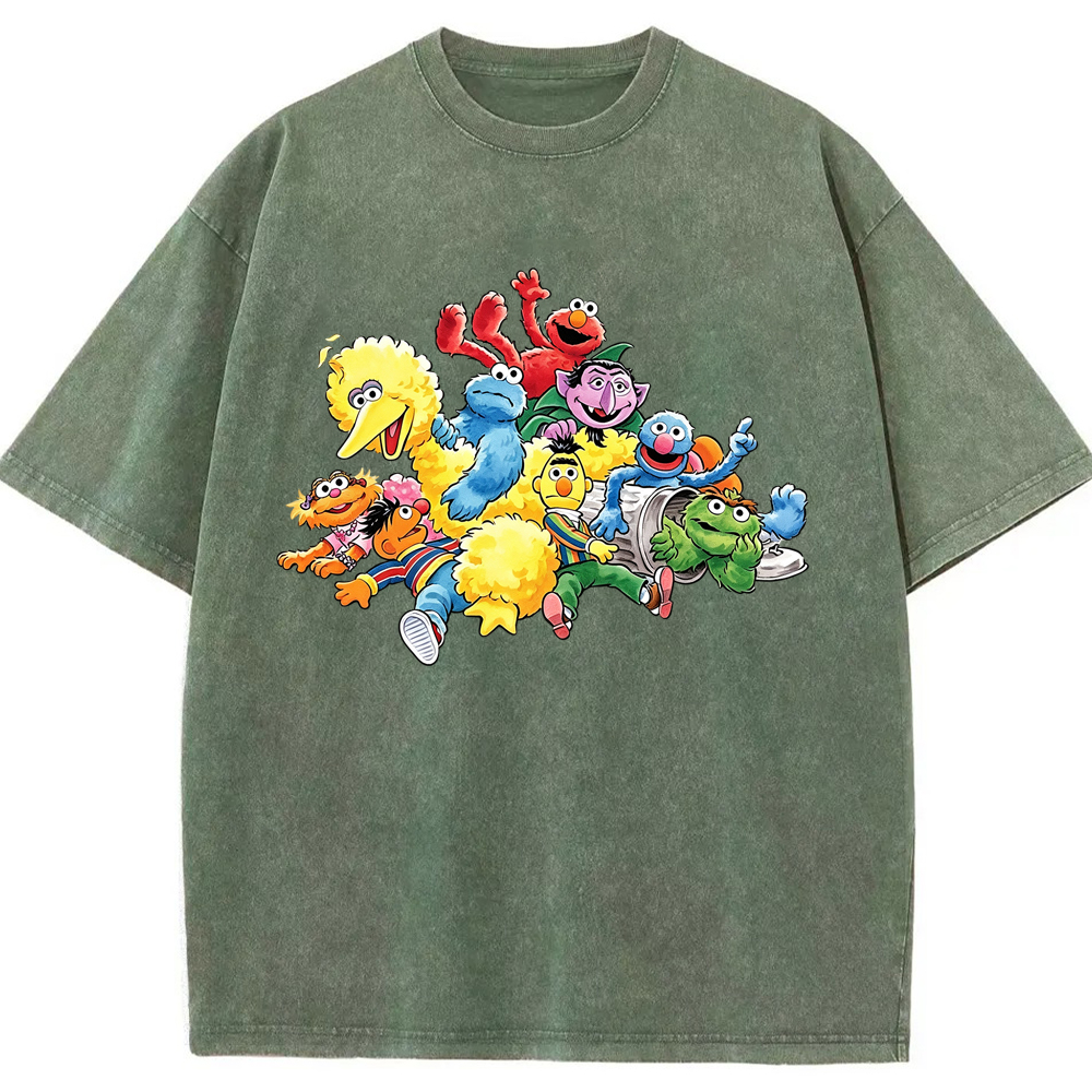 Happy Gathering Sesame Street Full Cast Colorful Group Collage Cartoon Tee