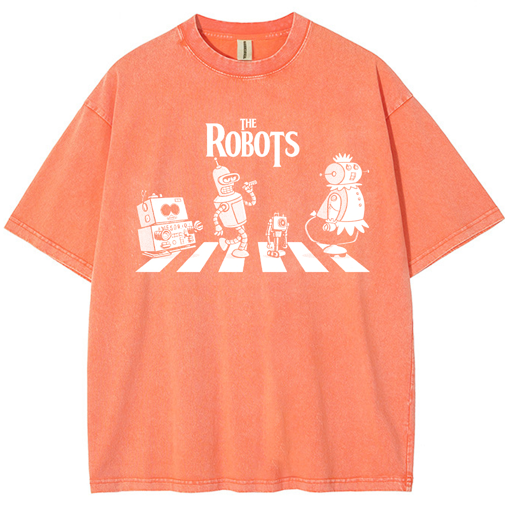 Sci‑Fi Parody Vintage Robots Abbey Road Crosswalk Parody Robot Crew Cartoon Tee