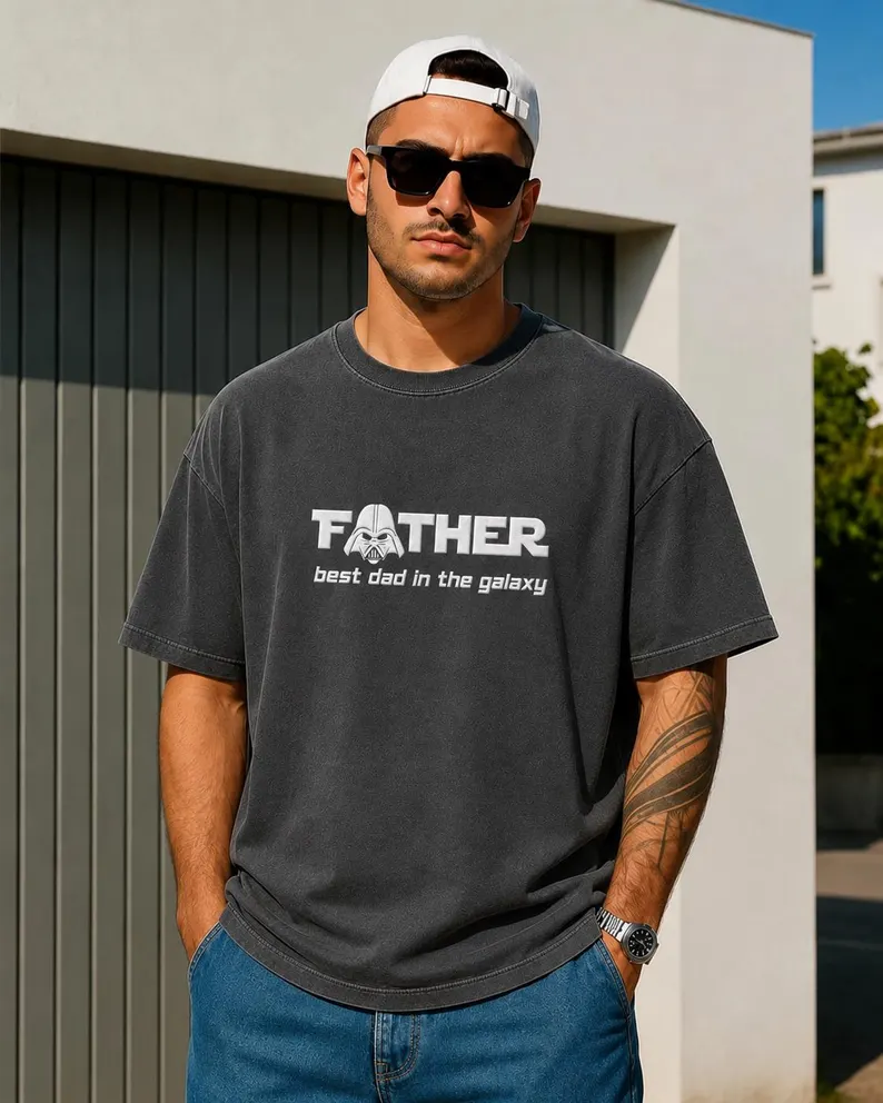Space Dad Embroidered Washed T-Shirt, Best Dad in the Galaxy Tee