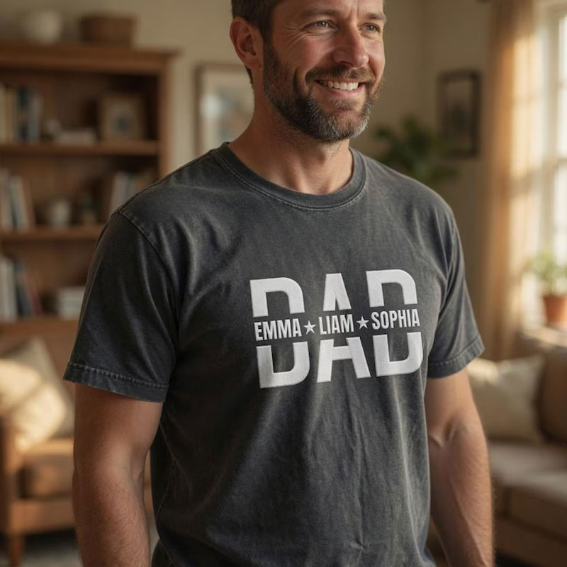 Custom Embroidered Dad Washed T-Shirt With Kids Names