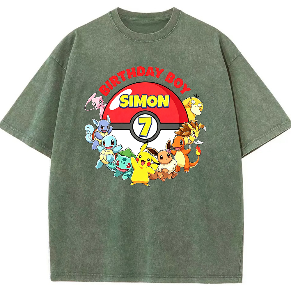 Custom Name Pokemon Birthday Boy Vintage Wash Tee