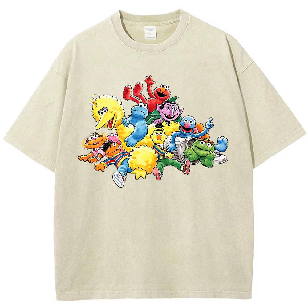 Happy Gathering Sesame Street Full Cast Colorful Group Collage Cartoon Tee