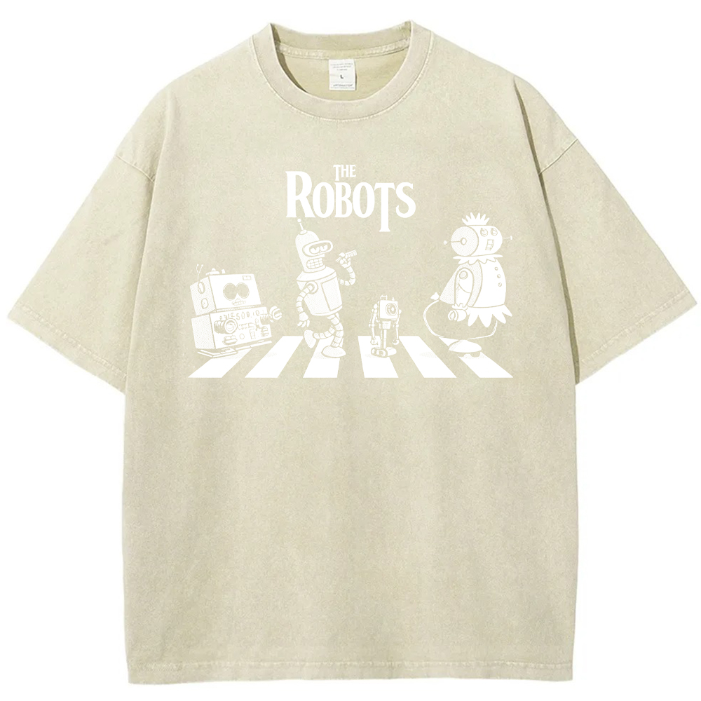 Sci‑Fi Parody Vintage Robots Abbey Road Crosswalk Parody Robot Crew Cartoon Tee