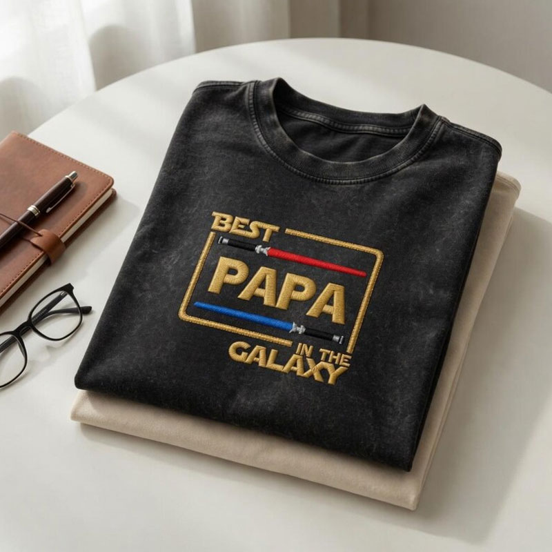 Embroidered Washed Cotton T-Shirt, Papa in Galaxy, Father's Day Gift