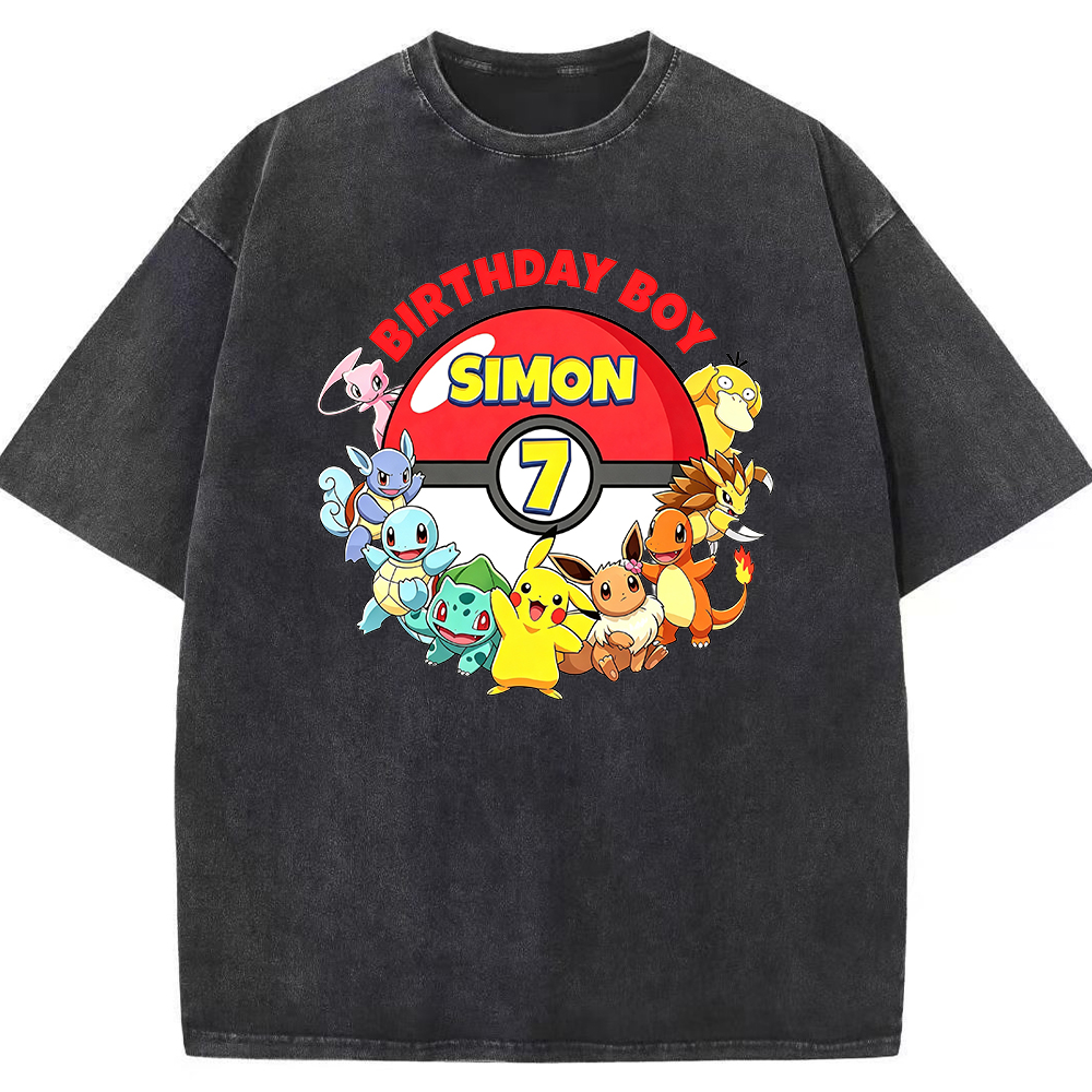 Custom Name Pokemon Birthday Boy Vintage Wash Tee