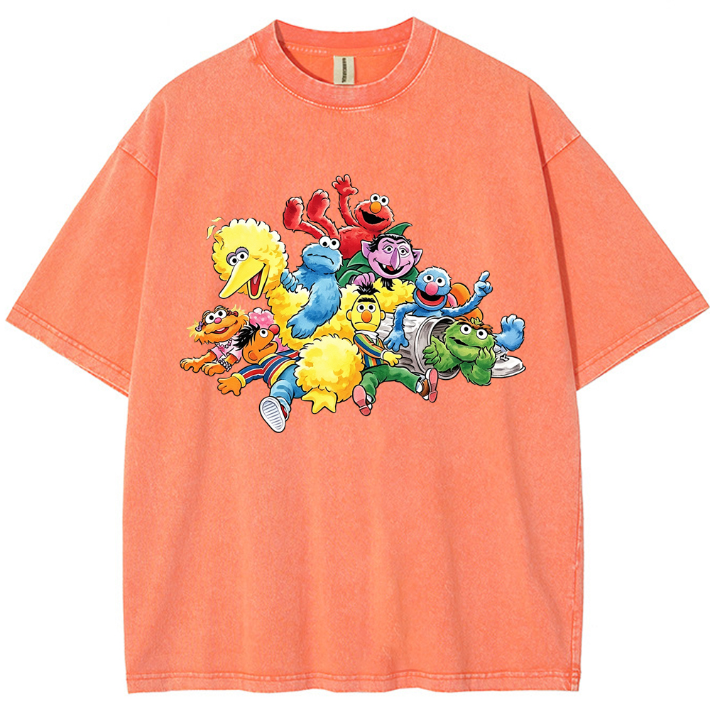 Happy Gathering Sesame Street Full Cast Colorful Group Collage Cartoon Tee